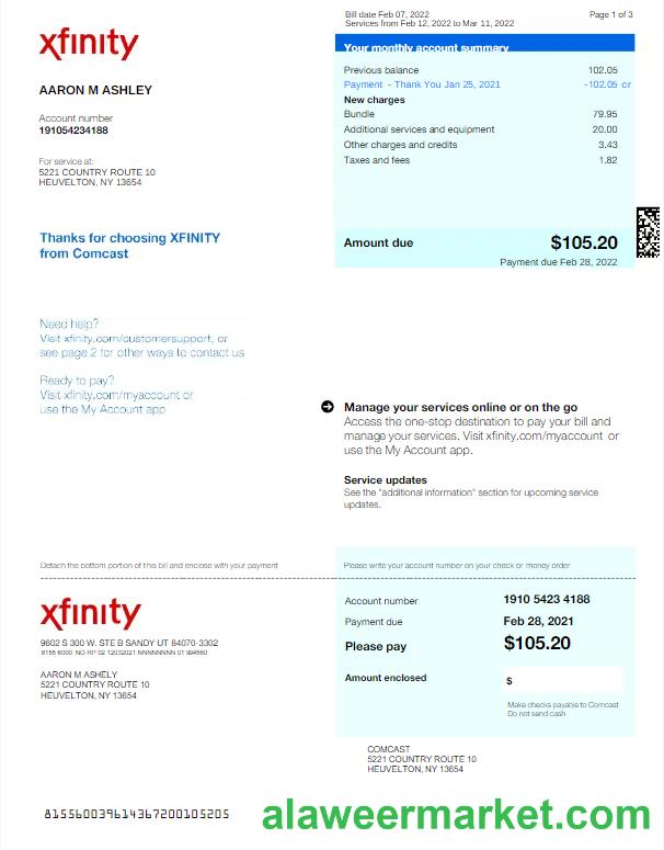 USA XFINITY utility bill Word and PDF template, version 2